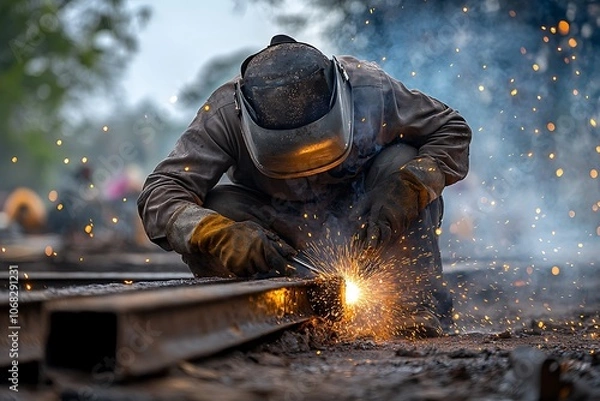 Fototapeta Close-up of a man welding metal, sparks flying in an industrial background
