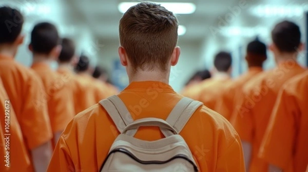 Fototapeta Juvenile Detainees Walking in Hallway with Backpacks Back view of a group of juveniles in orange uniforms, walking down a hallway with backpacks, symbolizing detention or correctional facility
