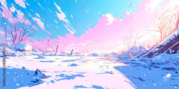 Obraz Japanese or fantasy eastern landscape. Anime winter Christmas time art. Beautiful view. A snow field or a frozen river background. Digital painting. Poster, invitation, banner. Generative Ai content