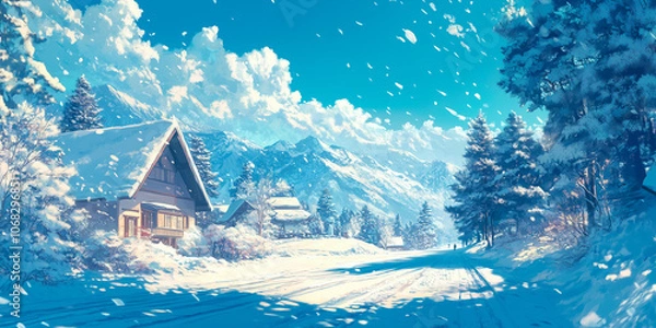 Obraz Japanese or fantasy eastern landscape. Anime winter Christmas time art. Beautiful view small town downtown background. Digital painting. Poster, invitation, flyer, banner header. Generative Ai content