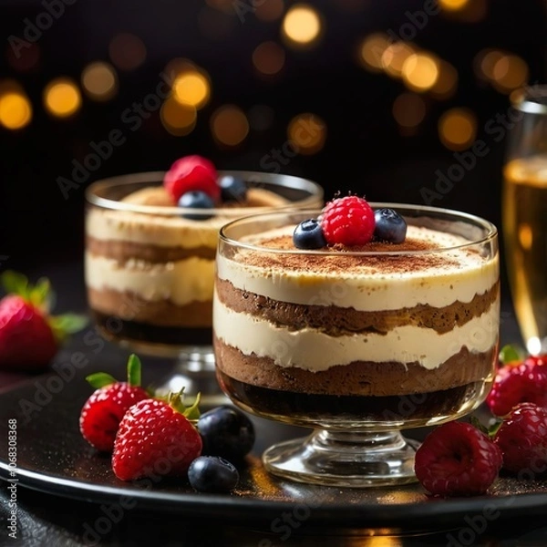Fototapeta Yummy tiramisu cake dessert with berries, champagne on a black festive blur background. Dark food template for restaurant menu business. Romantic sweet gift. Tasty present. Luxury evening view