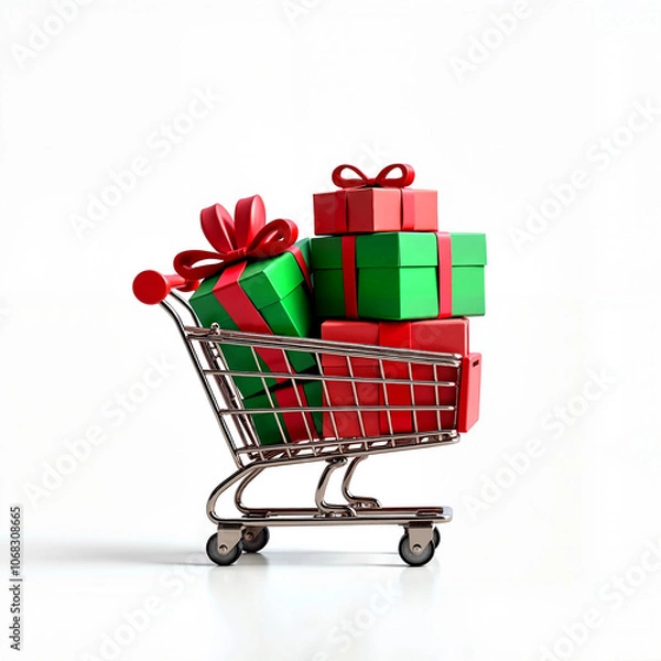 Fototapeta grocery cart with gift boxes on a white background, Al Generation