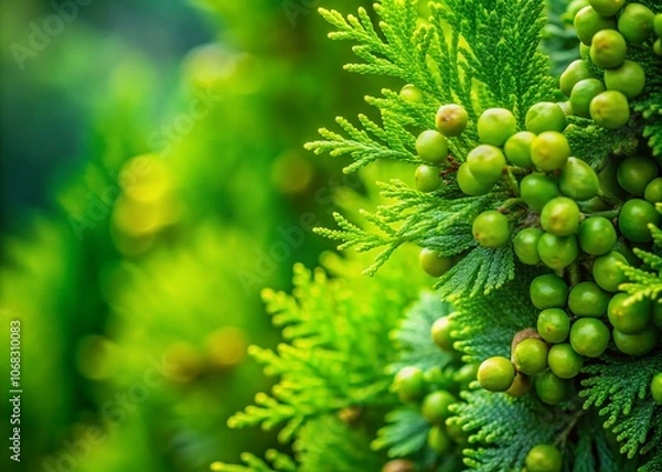 Fototapeta Close-Up of a Green Thuja Tree with Young Fruits on the Left Side, Showcasing Vibrant Foliage and Detailed Texture Against a Soft Focus Background for Nature Photography