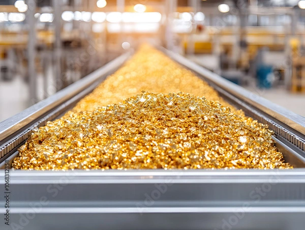 Fototapeta Rubber Conveyor Belt Carrying Gold Flakes | Mining Industry, Precious Metal Extraction, Industrial Equipment, Gold Processing, Efficiency in Production