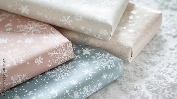Fototapeta Soft pastel wrapping paper with textured snowflakes, creating a gentle and cozy holiday atmosphere.