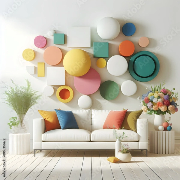 Fototapeta A brightly colored circles and circles are mounted on a wall in a living room