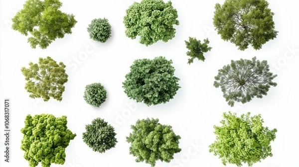 Fototapeta collection of tree views from above isolated on white background