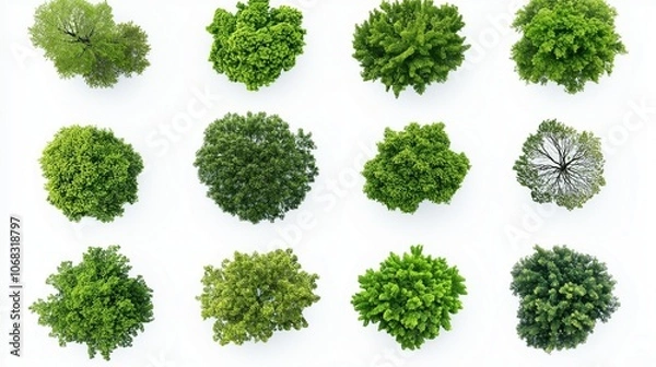 Fototapeta collection of tree views from above isolated on white background
