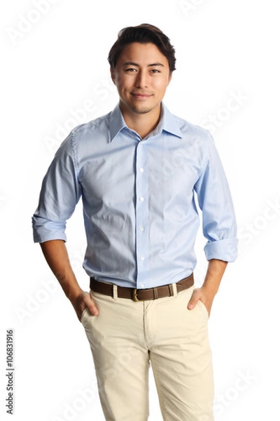Fototapeta A calm relaxed man wearing a light blue shirt with beige pants, standing against a white background. Carefree and relaxed looking at camera.