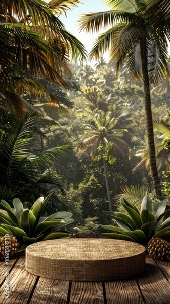 Fototapeta A serene green podium surrounded by lush tropical vegetation in an illuminated forest setting, perfect for showcasing products or decorative items during daylight hours