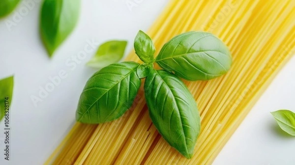 Fototapeta Fresh Basil on Pasta Background