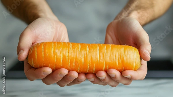 Fototapeta Person holding a large carrot with both hands on a marble surface