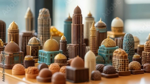 Fototapeta  Beautifully arranged selection of Dubai-inspired chocolates, each piece shaped like iconic landmarks, including Burj Khalifa nd Palm Jumeirah, representing luxury.