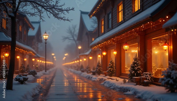 Fototapeta A street scene with a Christmas tree in the foreground