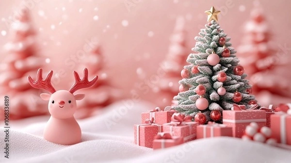 Obraz A festive scene featuring a cute reindeer beside a decorated Christmas tree with gifts, snowflakes falling softly around