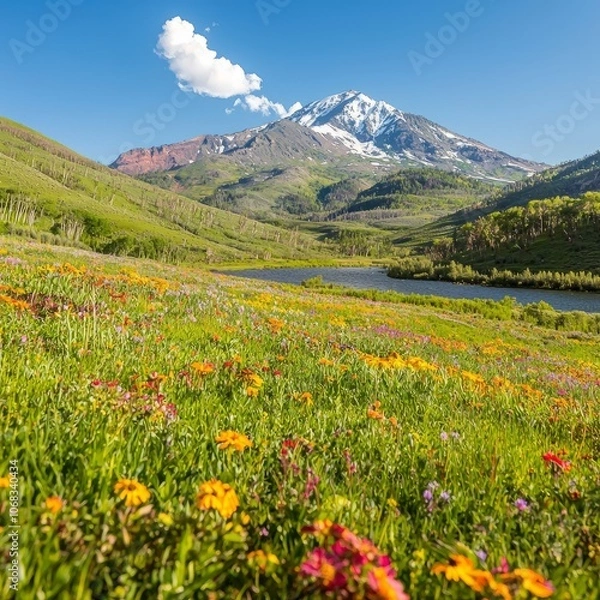 Fototapeta A vibrant mountain landscape with colorful wildflowers and a serene lake.