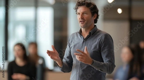 Obraz Manager confidently speaking to team mates with hand gestures, man presentation talk business career job work	
