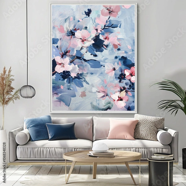 Fototapeta Indigo Floral Poster Living Room Print light pink Flowers Wall Art Boho Style Botanical Printable Home Decor Muted Colors