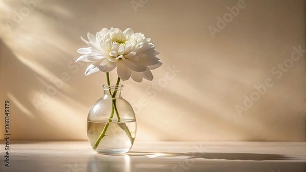 Fototapeta Elegant Composition of White Flower in a Clear Glass Vase on a Minimalist Table, Capturing the Beauty and Serenity of Nature in a Bright Indoor Setting with Soft Natural Light