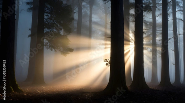 Obraz Sunrise in a forest covered in fog in nature