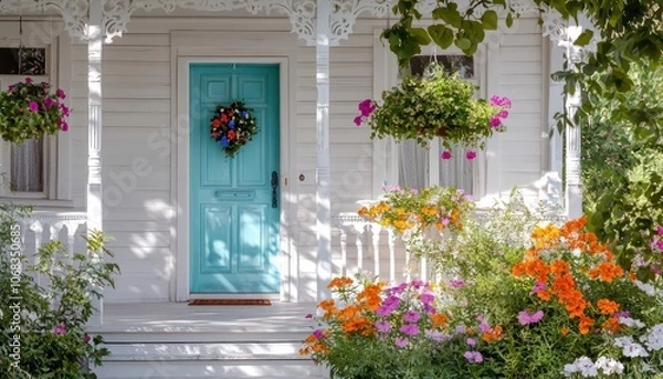 Fototapeta Elegant white home with cerulean door and colorful porch flowers on a sunny day.