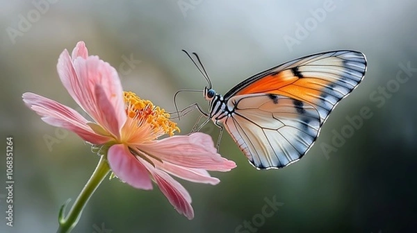 Fototapeta The butterfly, with its delicate wings outstretched, is perched gracefully on the vibrant pink petal of a blooming flower