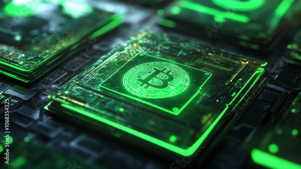 Fototapeta Bitcoin: The Digital Currency Revolution: A futuristic and abstract image of the Bitcoin logo, glowing green and embedded within a circuit board, represents the power, innovation.