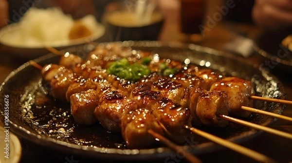 Fototapeta A serving of yakitori, grilled chicken skewers glazed with a sweet soy sauce.


