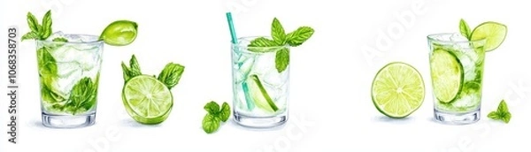 Fototapeta Refreshing mint mojito garnished with lime slices and fresh mint leaves, perfect for summer sipping.