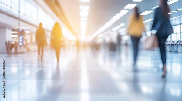Fototapeta Blurred business people walk in a modern airport, sunlight shines through windows as passengers rush to gates. Crowd bustles with energy in terminal hall, ready for flight