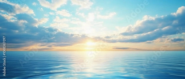 Fototapeta Peaceful ocean sunrise with soft clouds and golden sunlight reflecting on calm water, capturing a serene coastal morning.