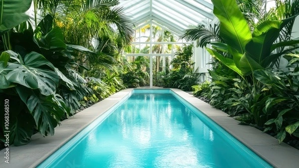 Fototapeta Serene Indoor Pool Surrounded by Lush Green Plants for a Relaxing Oasis Experience