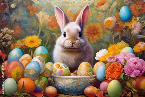 Fototapeta generated illustration of bunny at Easter, clutching a basket filled with eggs