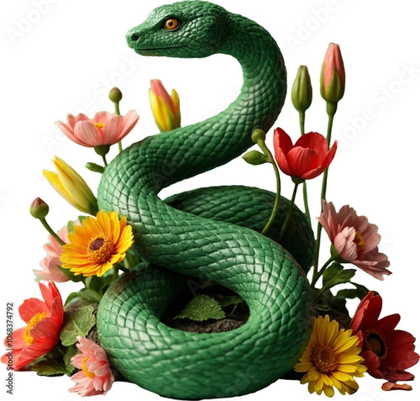 Obraz A bright green snake coiled among delicate flowers and leaves on a transparent background. The illustration symbolizes harmony and beauty in honor of the Year of the Snake in the Eastern calendar.