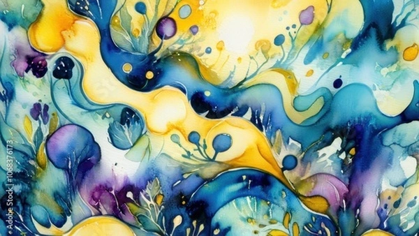 Fototapeta Vibrant abstract watercolor artwork featuring swirling shapes in blue and yellow tones, enhanced with playful bubbles and organic forms. Perfect for modern décor