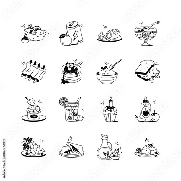 Fototapeta Vibrant vector illustrations of various foods and beverages, ideal for menus, recipes, and culinary themed designs