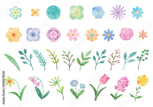 Obraz 
春の花と葉っぱ　イラストセット　手描き水彩風