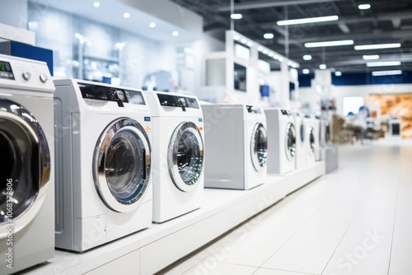 Fototapeta Sleek row of modern washing machines exhibited in a brightly lit appliance showroom.