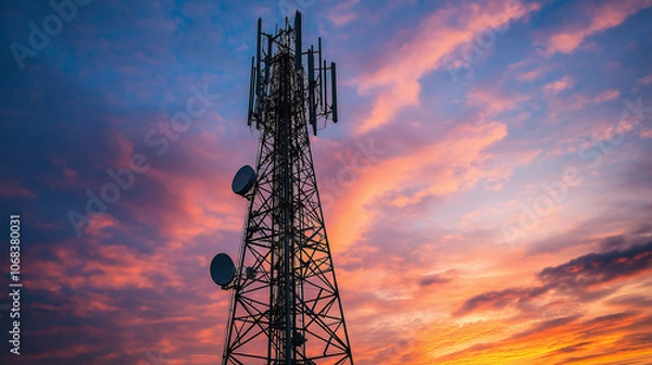 Fototapeta Telephone and microwave towers with tangled cables and a bright sky in the background, Telecommunication tower antenna in morning sky Evening sky.
