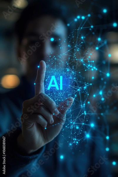 Fototapeta Businessman touches blue AI letters  in cloud. AI generative.