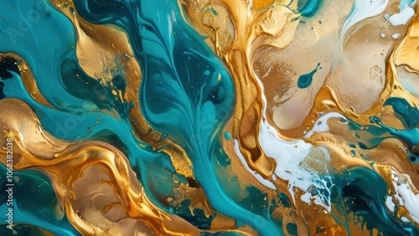Fototapeta A vibrant abstract art piece featuring flowing turquoise and gold hues, creating an elegant and luxurious feel perfect for modern decor