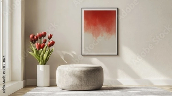 Fototapeta Minimalist Room with Fresh Tulips and AI Art Poster: A minimalist space with a sleek round ottoman, fresh tulips in a simple vase, and a mock-up poster featuring AI-generated art