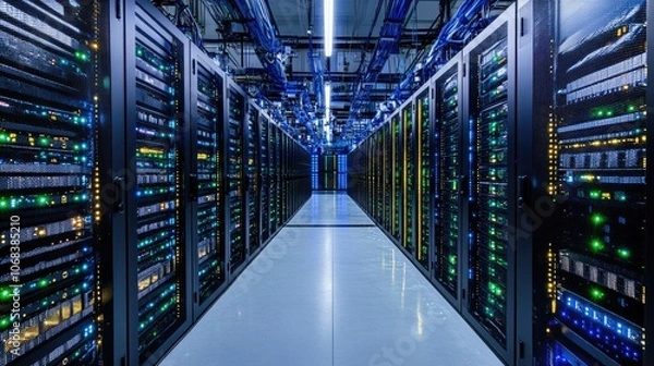Fototapeta A long hallway filled with server racks. This image is perfect for illustrating the concept of data storage and the technology behind it.