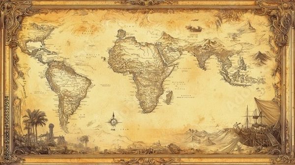Fototapeta Explore the enchanting journey of a joyful monkey on an ancient hand-drawn map of africa