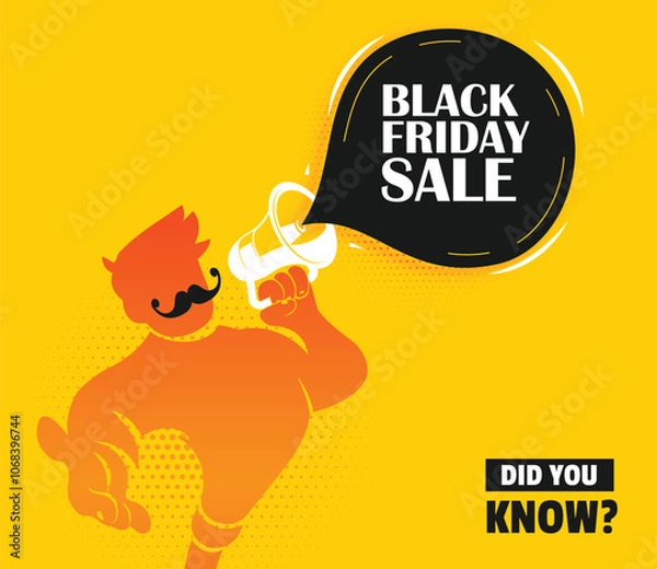 Fototapeta Bright and bold Black Friday sale design, featuring a modern, illustrated character with a mustache holding a megaphone. Ideal for promoting discounts, retail events, and sales marketing campaigns