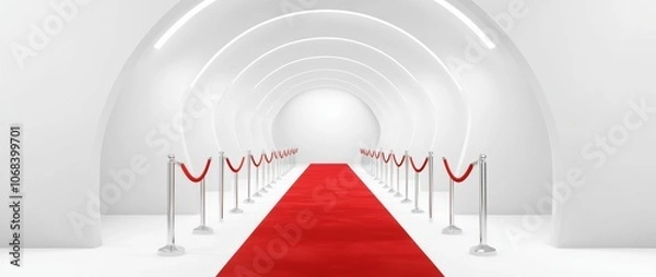 Fototapeta Red carpet and silver ropes on white background