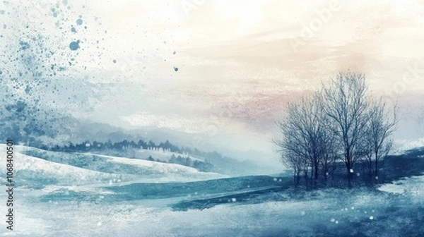 Fototapeta A serene landscape with snow-covered hills and bare trees under a soft, cloudy sky.