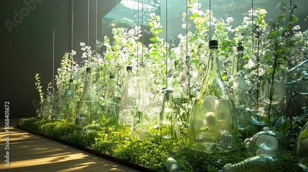 Fototapeta Hanging glass bottles and lush greenery creating a sustainable green space