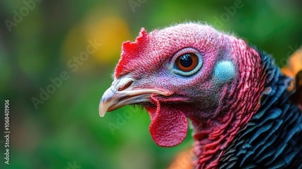 Fototapeta Close-up of turkey with vibrant plumage and detailed head features