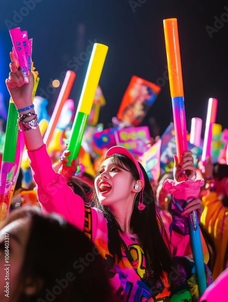 Fototapeta "Passionate K-Pop Fans Cheering with Colorful Banners and Light Sticks at a Live Concert"